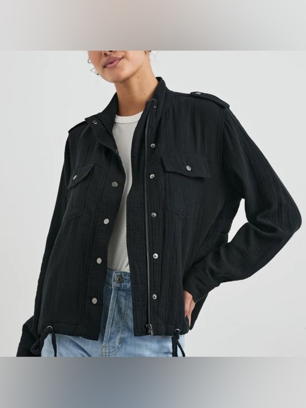 Rails Collins Jacket Women L Black Organic Cotton Double Gauze Utility Military